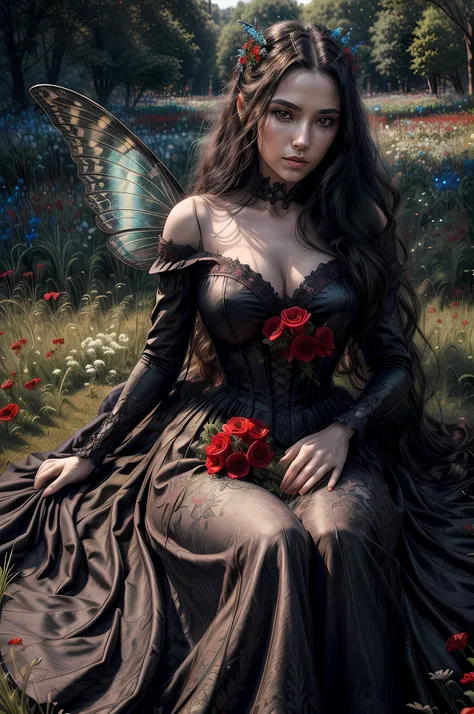 high details, best quality, 16k, RAW, [best detailed], masterpiece, best quality, (extremely detailed), full body, ultra wide shot, photorealistic, dark fantasy art, goth art, RPG art, D&D art, a picture of a dark female fairy resting in a flower meadow, e...