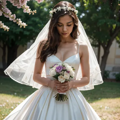 Generate an image of a stunning 25-year-old bride in a magnificent full-length white wedding dress. The dress should be adorned with meticulously crafted fabrics, exuding elegance and sophistication. The bride should be wearing a delicate veil, gracefully ...