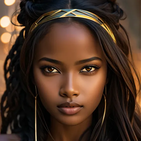 (best quality,realistic),portrait,long hair,brown eyes,closed mouth,hairband,dark-skinned female,glowing eyes,close-up,soft lighting,solo