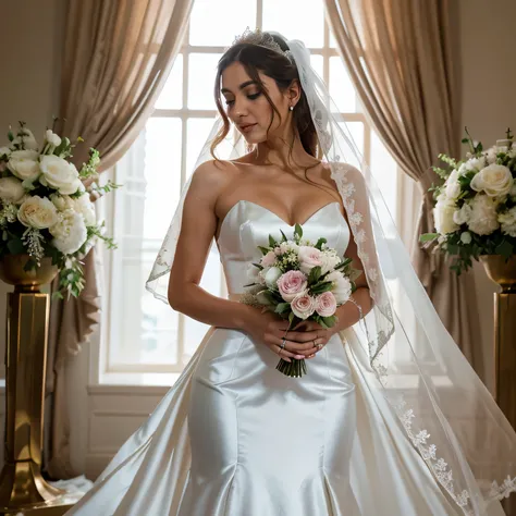 Generate an image of a stunning 25-year-old bride in a magnificent full-length white wedding dress. The dress should be adorned with meticulously crafted fabrics, exuding elegance and sophistication. The bride should be wearing a delicate veil, gracefully ...