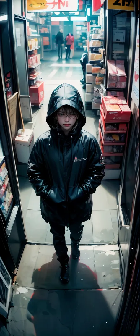 ((masterpiece, highest quality, Highest image quality, High resolution, photorealistic, Raw photo, 8K)), ((Extremely detailed CG unified 8k wallpaper)), Late night convenience store, two people, a female clerk and a robber, Man in black hoodie, robbery, ma...