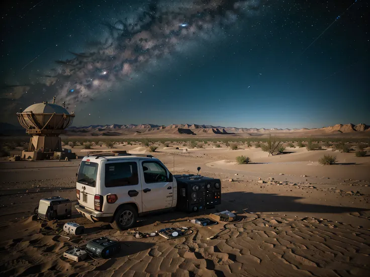 Milky Way from the desert with multiple radio telescopes on the ground