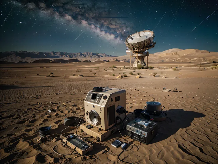 Milky Way from the desert with multiple radio telescopes on the ground