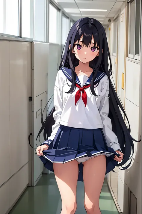 school hallway　elementary school girl　8-year-old　flat chest　black hair　long hair　The eyes are purple　（（1 person））　Upper height sleeve sailor suit　Lower body navy blue miniskirt　white panties（（white pantiesが見える））　white socks　sports boots　Crouching in the ha...