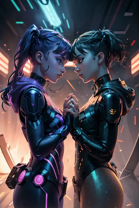 In a captivating cyber background, two identical twins confront each other, palms touching, Bathed in vibrant cyber colors that dance and shimmer --s2 (High definition: 1.6), Ultra-realistic rendering: 1.8), Detailed textures: 1.3), Soft cinematic lighting...