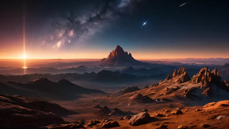 hyper-realistic, highly detailed, highest quality, masterpiece, strange alien world, landscape full of life and color, distant stars, nebulas, sublime, breath-taking, high detail, sharp, cinematic lighting, 8k UHD 