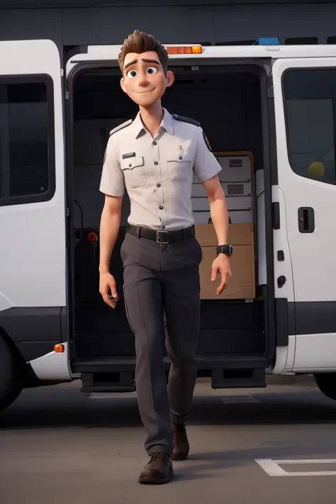 ((best quality)), ((masterpiece)), (detailed), A male emergency technician is walking towards a Sprinter 314 ambulance, the technician is wearing a white button-down shirt and black pants.