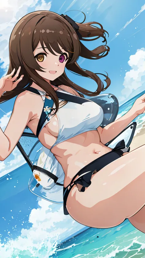 High resolution,masterpiece, highest quality, Kuo Shenlin , heterochromia , smiling , Her cheeks flushed, vaginal secretions , Brown hair ,beach , swim suit