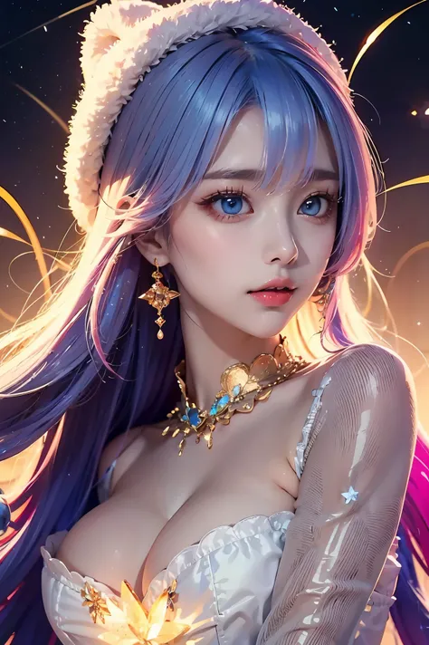 1girl,Aurora,Blue Eyes,(Colorful Gradient Hair:1.5),Dynamic Pose,Constellation,Constellation Print,Diffraction Spikes,Dress,Crystal Girl,Crystal,Colorful Crystal,Crystal Headwear,Crystal Necklace,Earrings,Fireworks,Galaxy,Blinking,Hat,Jewelry,Light Particl...