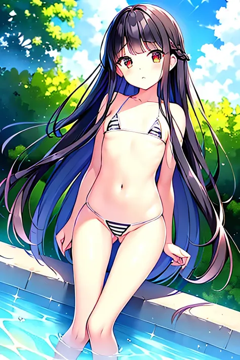 (princess cut,Patsun,Straight Long Hair,water inner hair,),((small breasts)),girl,((highteen)),(Symphogia style,Naked),black hair,((micro bikini,Horizontal stripes,Black Stripes,))