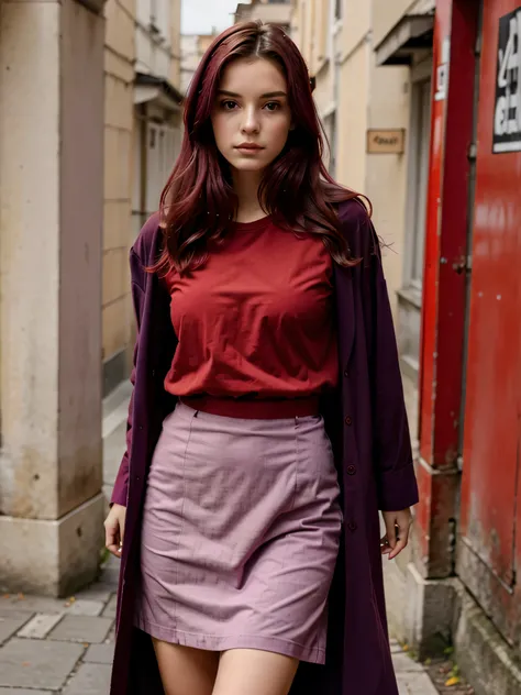 jeune fille de 20 ans au cheveux tres long violet avec une veste ROUGE, habiller en ROUGE, vetue de ROUGE, OUTFIT RED, une tenue rouge, tshirt rouge RED rouge, habiller rouge mode, robe rouge, tenue vestimentaire rouge