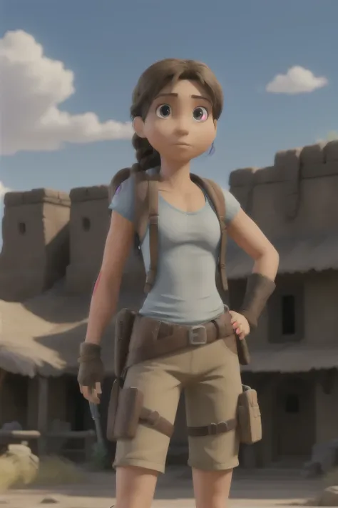 Lara Croft, Single braid, blue mother, brown shorts, fingerless gloves, holster in dynamic pose, upper body