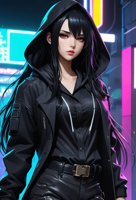 cyber punk、business shirt、belt、hooded coat、have a gun, long hair, Dark hair, Neon-colored black hair, anime style,, Modern anime style, anime shading, Semi-realistic anime style, anime styleに, anime styleのキャラクター, anime styleの描画