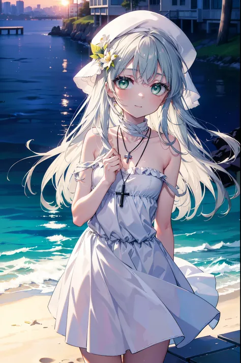 index, index, (green eyes:1.5), silver hair, long hair, (flat chest:1.2),cross pendant necklace,white hat,白色ロングskirt一体型ワンピース,barefoot,skirt,naked neck,bare clavicle,bare shoulders,bare arms,happy smile, smile, open your mouth,beachのsandy beachを散歩しながら、Silve...