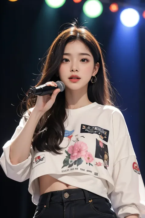 masterpiece, best quality, 8 thousand, 24 years old, photo beast, absurd, award-winning portraits, pure, korean beauty, spring, stage with electronic display, laces, cute, right, healthy, Beloved, perfect hands, Girl singing while holding the microphone fa...