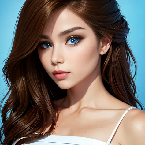 Mujer joven, ojos azules, piel blanca, wavy brown hair 