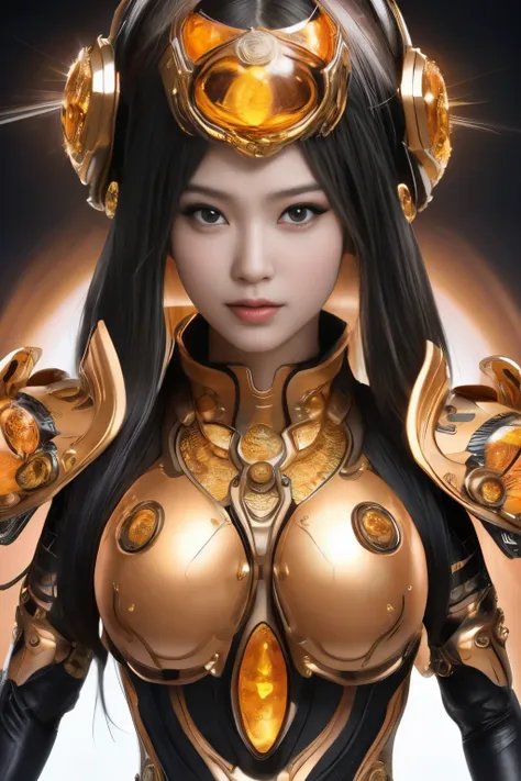 hyper-realistic portrait of a japanese girl dressed as amber megacypher, intricate and detailed outfit with amber and gold color...