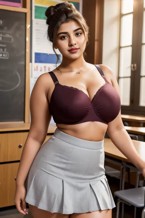 20yo  in school school photo in school masterpiece, (photorealistic:1.4), best quality, beautiful lighting,Eleanor Pakistani Woman 20yo Old Big 44M round firm Breasts Plus Size Model lipstick Bun lHair Bun Hair Hair Lifts Skirt Up Raised Skirt, wearing bra...