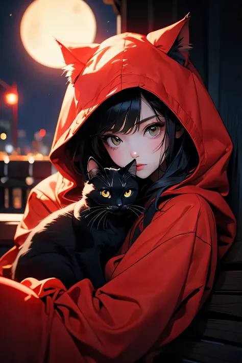 Dark style, nice perfect face with soft skin, really young beautiful girl kid, cool style, long dark hair, red cat hood, cat pet, cats, night