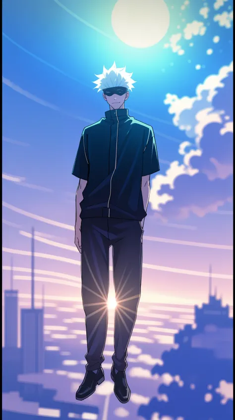 1boy, full body shot, perfect hand and fingers, satoru gojo, blindfold, black outfit, white hair, look at sky, smirk, red and bl...