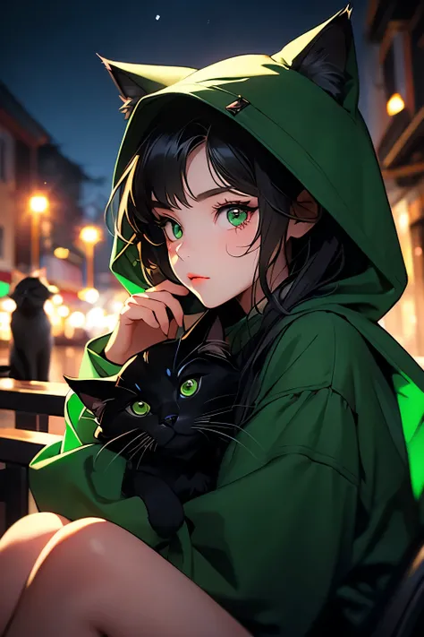 Dark style, nice perfect face with soft skin, really young beautiful girl kid, cool style, long dark hair, green cat hood, cat pet, cats, night