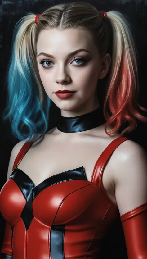 an illustrated movie poster of natalie dormer dressed as harley quinn, wearing a red morph suit, f /2.8, cinematic, high quality...