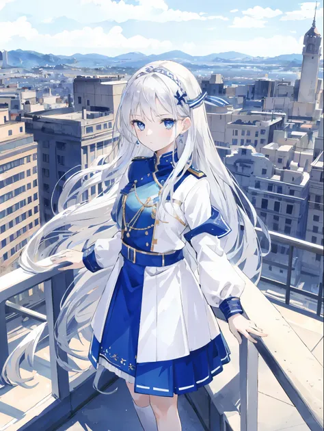 girl, long silver hair, white skin, young, uniform, blue eyes, jewelry, city scenery, Are standing, view audience, 8K