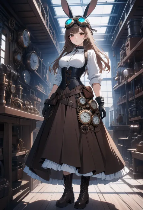 1girl,solo,Inside the workshop,shiny_skin,looking_at_viewer,depth of field,(best quality, hires, masterpiece:1.3),Steampunk,Victorian but cyberpunk-inspired corsets,layered long skirts with layers of different lengths and silhouettes of rabbits and clocks,...