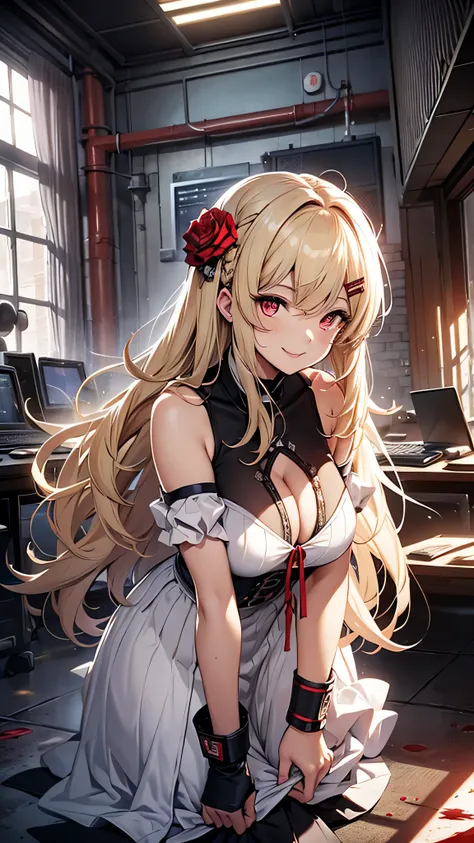 最high quality、best image quality、masterpiece、girl((18-year-old、 By becoming、vest bust、medium bust,wide open breast tea、red glowing eyes, blonde、messy hair、long hair、thin,highest valley、Show the whole body、white dress、long skirt、open chest、White wristband、r...