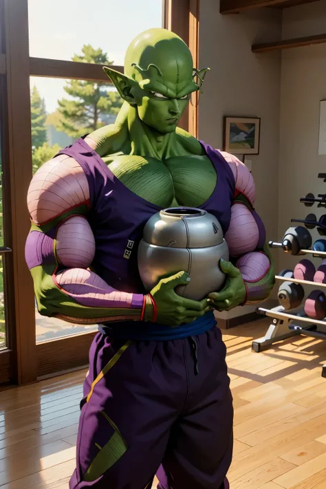 masterpiece, best quality, realistic, photorealistic, 8k,piccolo, 1boy, male focus, solo, standing,fitness clothes, holding heavy dumbells, pointy ears,(purple dougi), green skin, oni horns, purple pants, closed mouth, looking at viewer, ((bald)),arms at s...