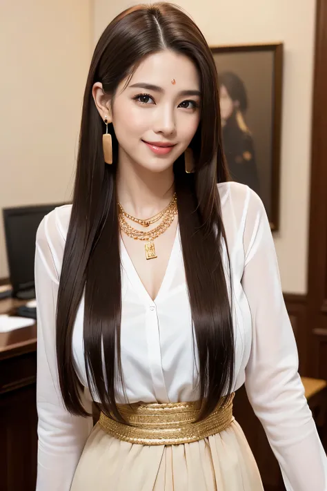 highest quality, masterpiece, 8K, ultra high resolution, (realistic: 1.4), 1 girl, beautiful face, symmetrical eyes, big, perfect body proportions, ((long hair))、((brown hair)), secretary、(luxury business suits)、The viewer&#39;s gaze, (president&#39;office...