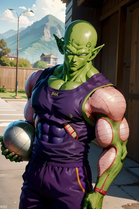 masterpiece, best quality, realistic, photorealistic, 8k,piccolo, 1boy, male focus, solo, standing,fitness clothes, holding heavy dumbells, pointy ears,(purple dougi), green skin, oni horns, purple pants, closed mouth, looking at viewer, ((bald)),arms at s...