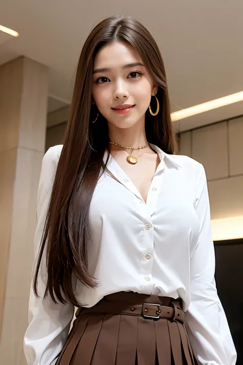 highest quality, masterpiece, 8K, ultra high resolution, (realistic: 1.4), 1 girl, beautiful face, symmetrical eyes, big, perfect body proportions, ((long hair))、((brown hair)), secretary、(luxury business suits)、The viewer&#39;s gaze, (president&#39;office...