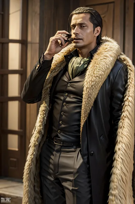 masterpiece, best quality, extremely detailed, hyperrealistic, photorealistic, a cool 40s man, ultra detailed face:1.2, fur-trimmed coat, scarf around the neck, his left hand is a golden pirate hook:1.1, cigar, office, holding a phone:1.1, talking on the p...