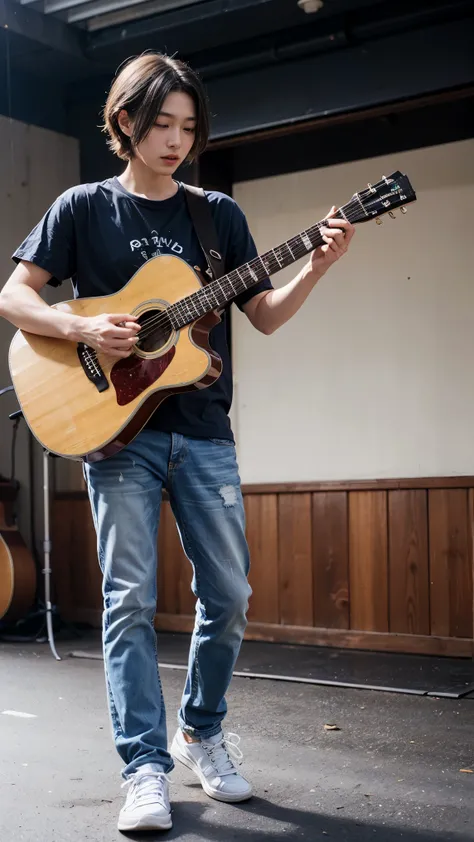 Westernerale、white shirt、denim pants、play the guitar