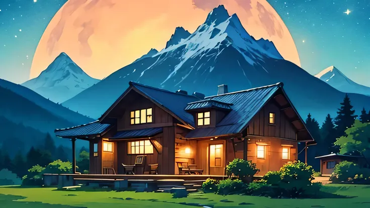 Like a Studio Ghibli animation、Create an image with a nostalgic 80s feel。The location is a rural house surrounded by mountains in the middle of nature.。The time is midnight。A girl is looking at the starry sky from the roof of the house.。The girl is from be...