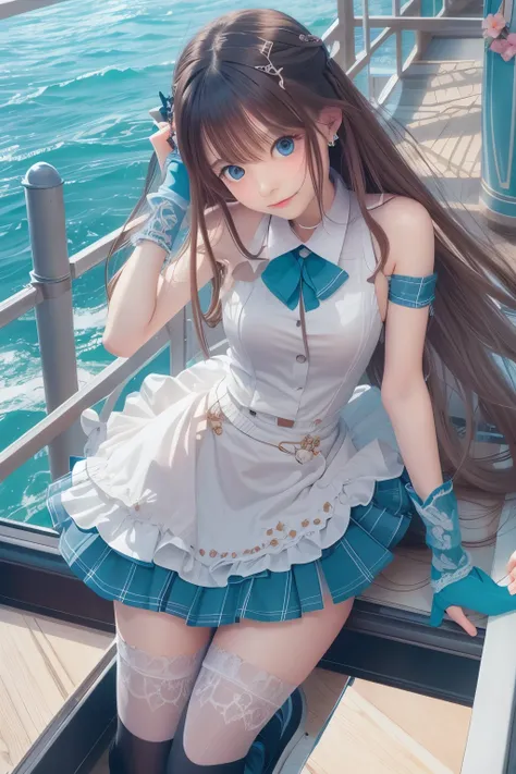 ((highest quality)), ((masterpiece)), ((1 girl)), ((photograph, Realistic)),  alone, ferry, ((long hair)), ferryBase, ((Thighhighs)), bare shoulders, ((jewelry)), ((sleeveless)), white dress, blue skirt, ((gloves)), thigh height,