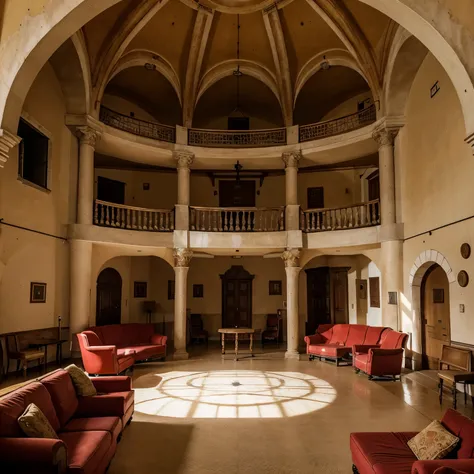 Round-shaped common room of an ancient castle, decorated with several fluffy armchairs and red sofas, tables and a notice board where school announcements are announced, lost belongings and advertisements, uma lareira, a staircase that leads to bedroom doo...