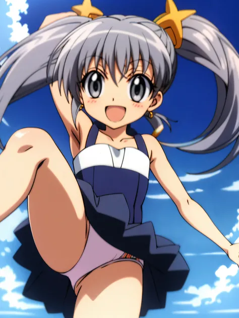 silver hair、gray eyes、twin tails、flat chest、、skirt、he is short、High resolution、highest quality、detailed face、beach、anime moe art style、kick、panties、Panty shot、raise your legs high、cowboy shot、