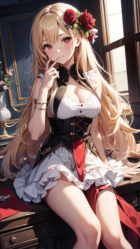 最high quality、best image quality、masterpiece、girl((18-year-old、 By becoming、vest bust、medium bust,wide open breast tea、red glowing eyes, blonde、messy hair、long hair、thin,highest valley、Show the whole body、white dress、long skirt、open chest、White wristband、r...