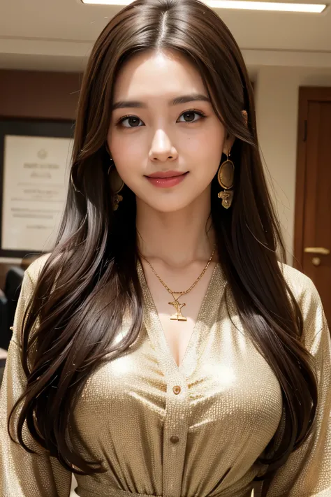 highest quality, masterpiece, 8K, ultra high resolution, (realistic: 1.4), 1 girl, beautiful face, symmetrical eyes, big, perfect body proportions, ((long hair))、((brown hair)), secretary、(luxury business suits)、The viewer&#39;s gaze, (president&#39;office...