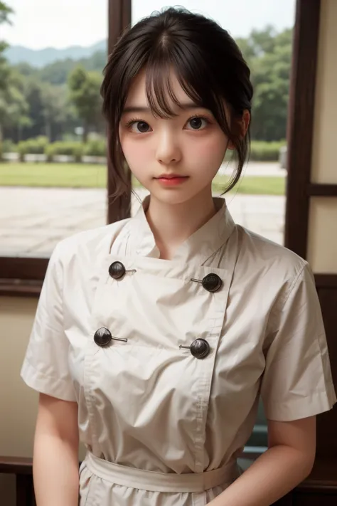 ((sfw: 1.4)), ((detailed face,  professional photography)), ((sfw, chef uniform, extra short hair, sidelocks-hair, 1 Girl)), Ultra High Resolution, (Realistic: 1.4), RAW Photo, Best Quality, (Photorealistic Stick), Focus, Soft Light, ((15 years old)), ((Ja...