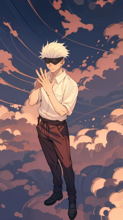 1boy, full body shot, perfect hand and fingers, satoru gojo, blindfold, black outfit, white hair, look at sky, smirk, red and bl...