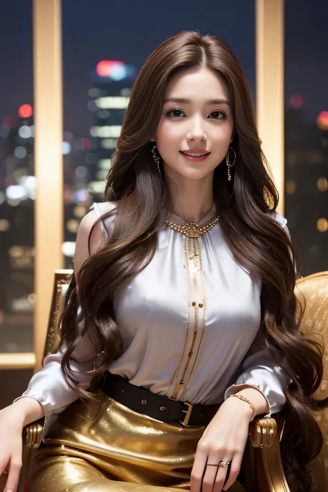 highest quality, masterpiece, 8K, ultra high resolution, (realistic: 1.4), 1 girl, beautiful face, symmetrical eyes, big, perfect body proportions, ((long hair))、((brown hair)), secretary、(luxury business suits)、The viewer&#39;s gaze, (president&#39;office...