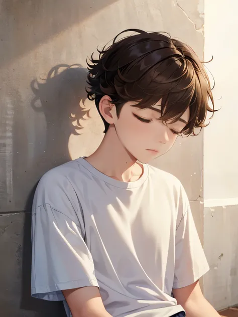 1boy,guy,closed eyes,Sleeping against the wall,15 years old,Curly hair,medium hair,undercut hairstyle,undercut,light brown hair,Plain t-shirt, white t-shirt,white trousers,ultra detail, perfect face, hd face, detailed face, masterpiece 