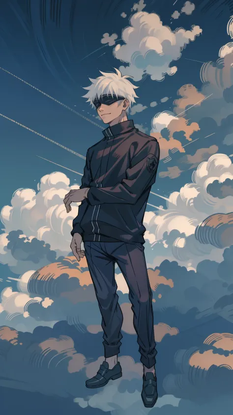 1boy, full body shot, perfect hand and fingers, satoru gojo, blindfold, black outfit, white hair, look at sky, smirk, red and bl...