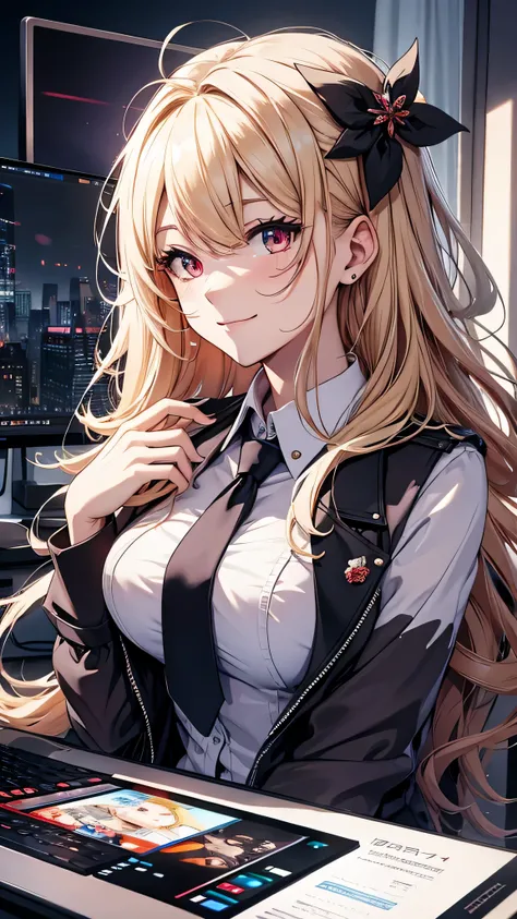 最high quality、best image quality、masterpiece、girl((18-year-old、 By becoming、vest bust、medium bust,wide open breast tea、red glowing eyes, blonde、messy hair、long hair、thin,highest valley、black suit、Blue tie、open chest、White wristband、smile、Leaning forward、ha...