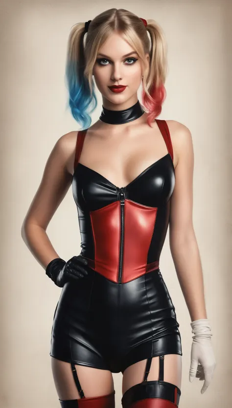 an illustrated movie poster of taylorr swift dressed as harley quinn, wearing a black and red romper, hourglass figure, f /2.8, ...