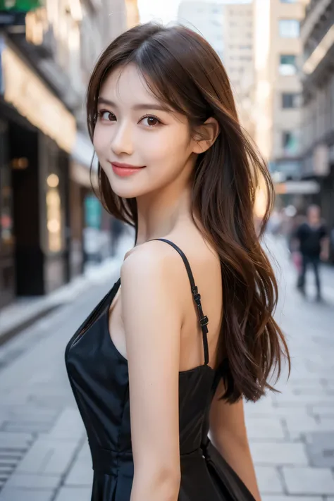 ((best quality, 8K, masterpiece :1.3)), 1 girl, Smile, whole body, face slimming, pretty Woman, (Dark brown hair), full length dress :1.1, Super detailed faces, exquisite eyes, double eyelids, blurred background, face slimming, City, External, street,