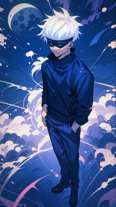 1boy, full body shot, perfect hand and fingers, satoru gojo, blindfold, black outfit, white hair, look at sky, smirk, red and bl...